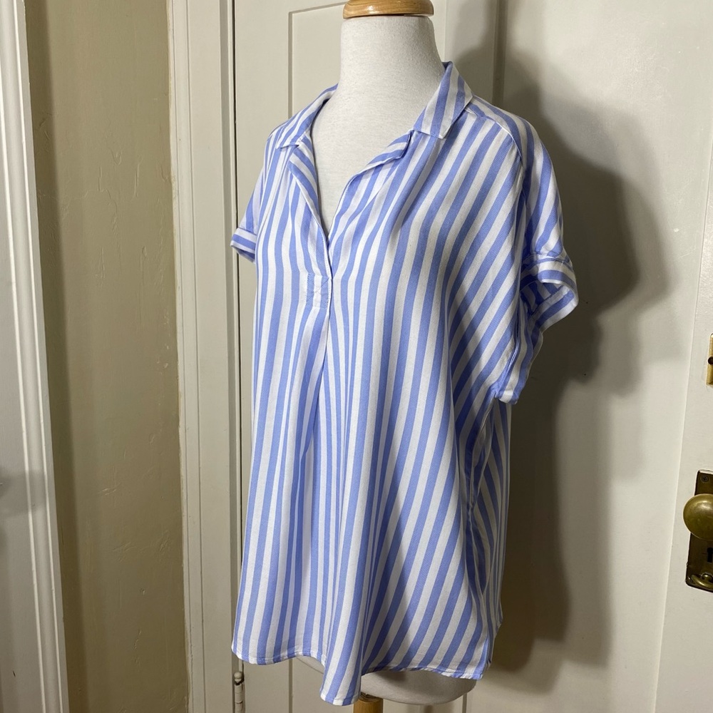 Gap Blue White Striped Popover Summer Spring Rayon Viscose Blend Blouse L - Picture 3 of 14